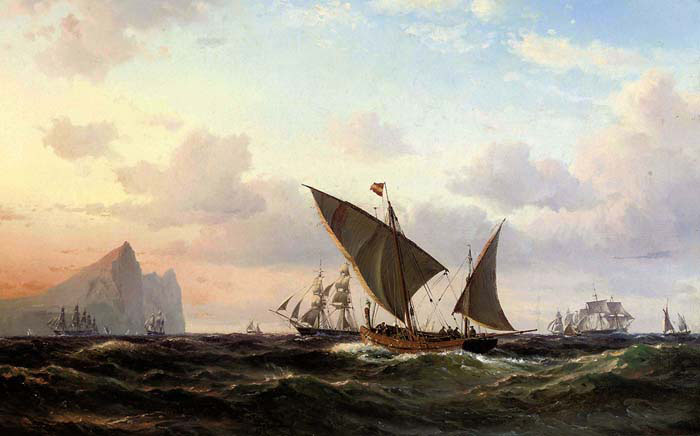 Xebecs and Other Shipping off Gibralter at Sunset